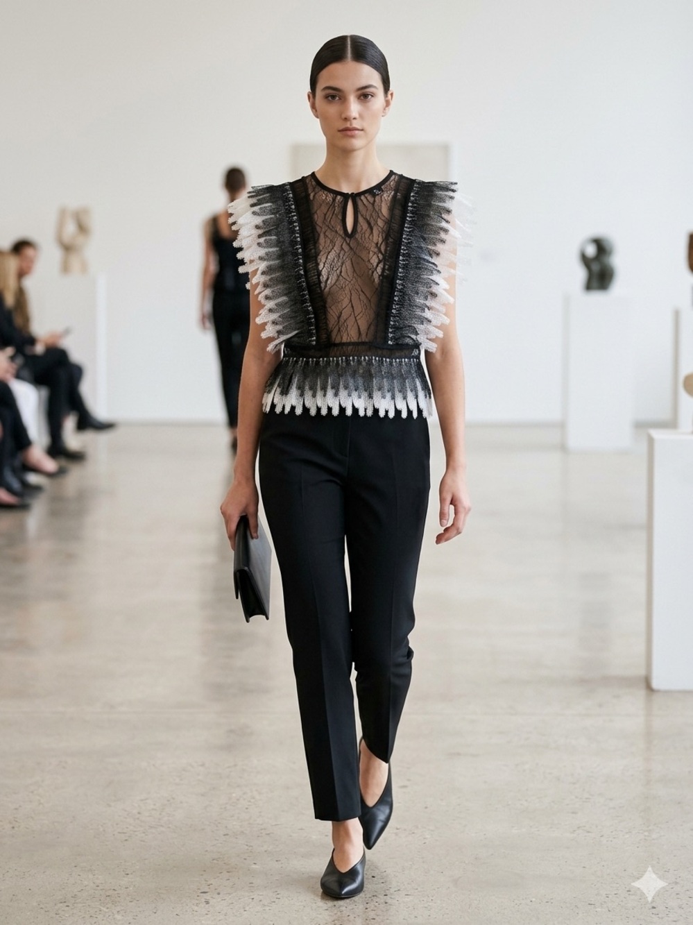 Beulah Black and White Lace-Trim Sheer Top